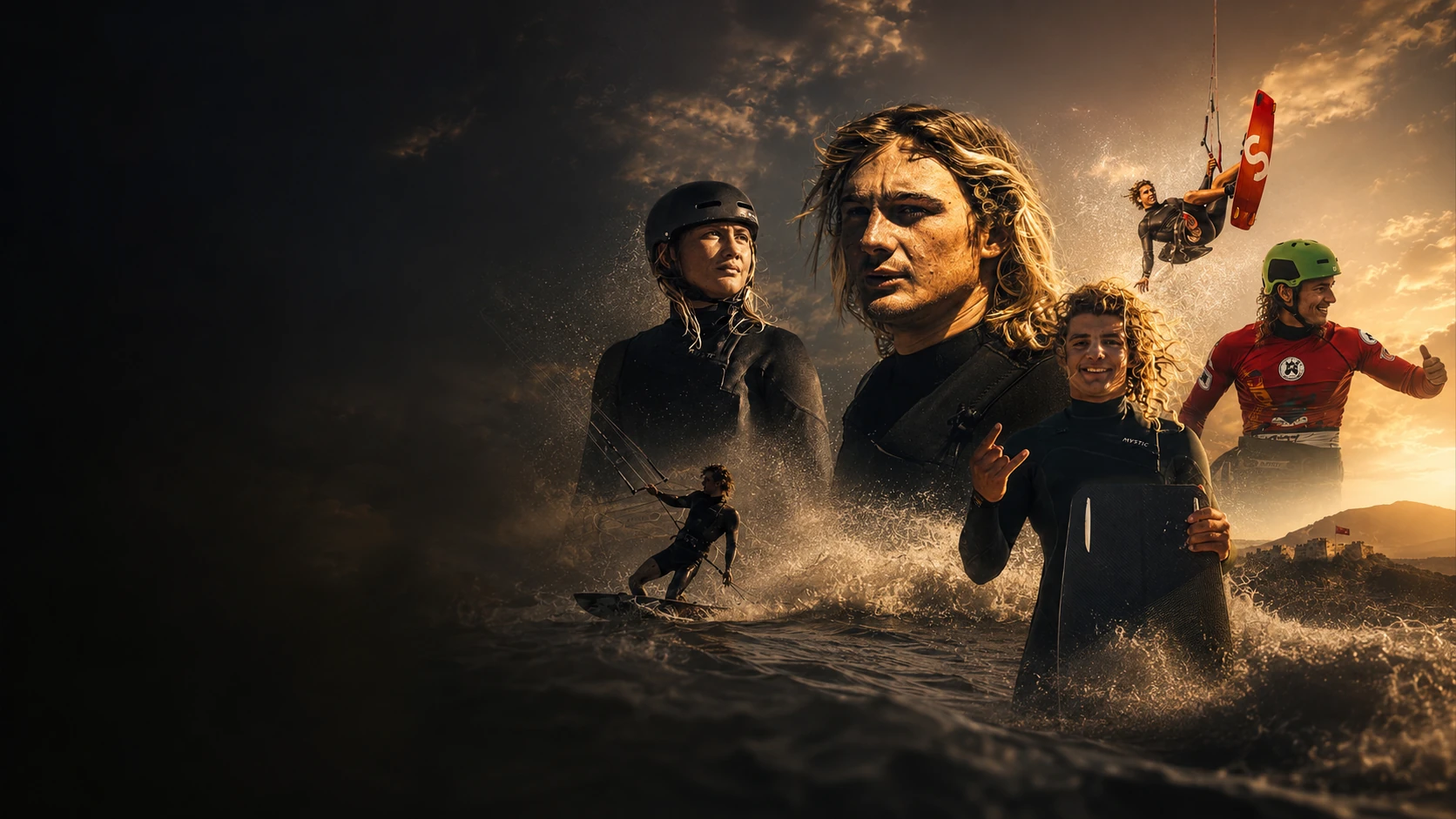Dramatic Freestyle Legends visual featuring kiteboarding athletes and an aerial rider