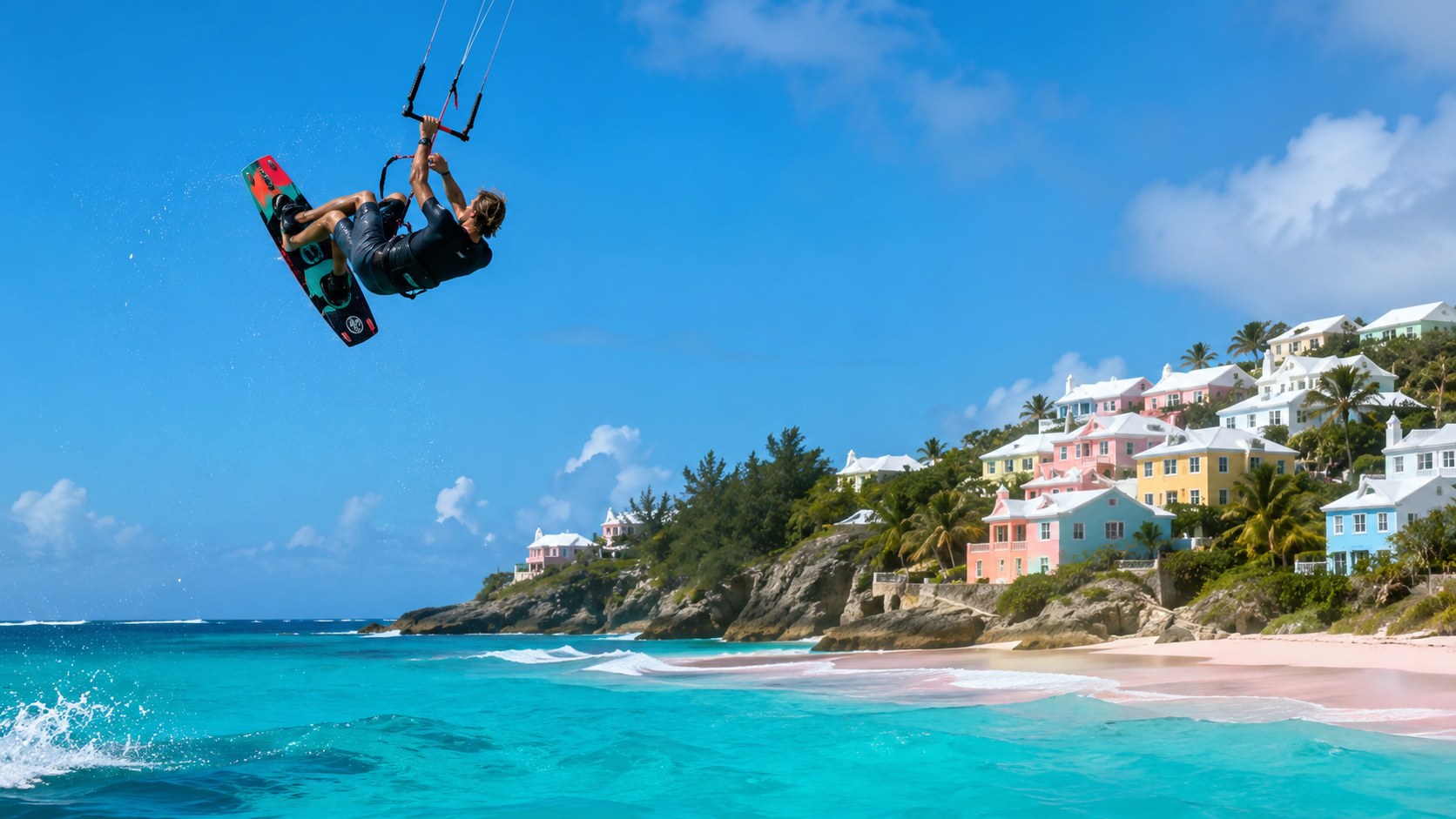 Kiteboarder launching a big-air jump over bright blue water with Bermuda coastline in the background